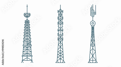 Three stylized, detailed illustrations of communication towers, antenna masts, and broadcasting structures