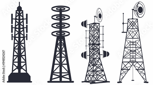 Silhouetted illustration showing different types of communication towers in dark grey against white