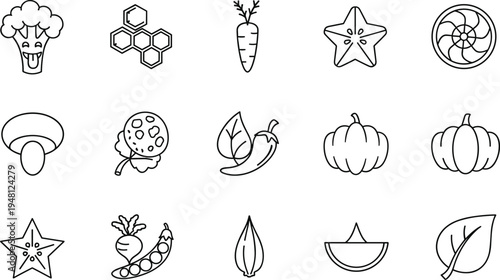 Vegetable line icon collection, broccoli carrot pumpkin pepper mushroom healthy food outline symbols, organic vegetable vector illustration set