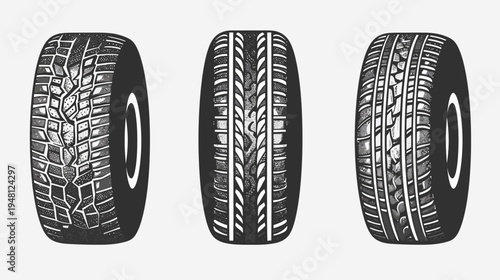 Three tires with different tread patterns are displayed in a gray-scale illustration