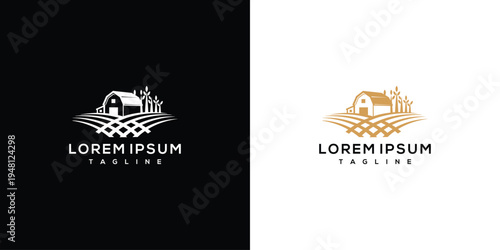 Farm Barn Logo Design Rural Landscape Agriculture Countryside Organic Food.
