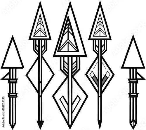 Collection of five distinct arrows with unique arrowheads