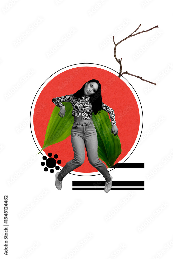 Fototapeta premium Vertical art trend collage of puzzled korean girl hang green leaf plant spring season bloom thailand travel ethnic culture