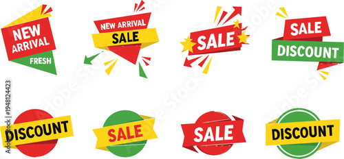 Sale and Discount Banners Set with Bold New Arrival and Promotional Labels for Marketing and Advertising Designs