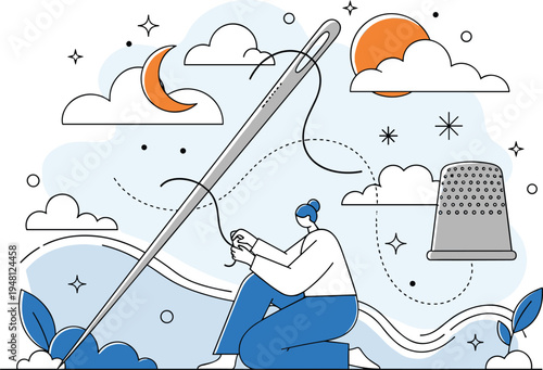 Sewing illustration concept, woman stitching with needle thread, handmade craft creativity, tailoring hobby artwork, textile design vector illustration