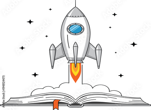 rocket launching from open book illustration, education knowledge growth concept, creative learning startup idea symbol with space theme