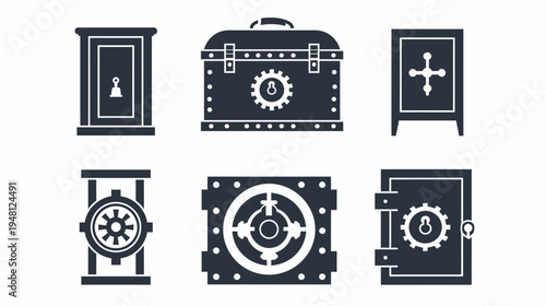 Collection of stylized illustrations of locked safes and similar security elements, white background