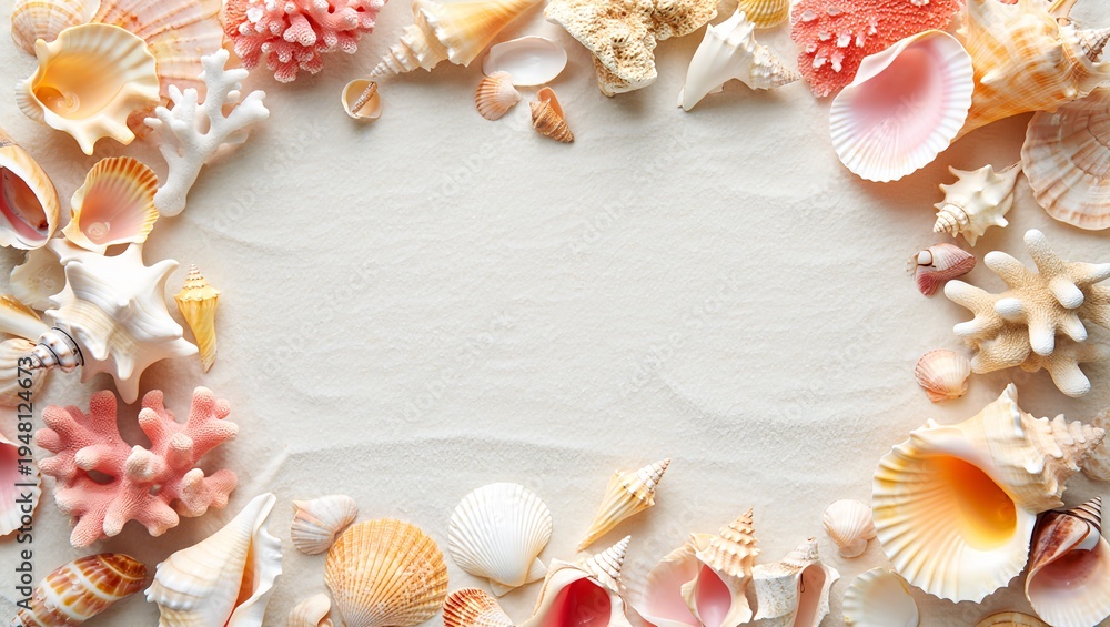 Fototapeta premium Seashell frame on beach sand with copy space summer background