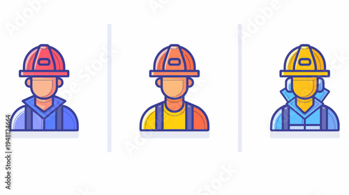 Three stylized, colorful illustrations of a person in a protective helmet and uniform, likely emergency service workers