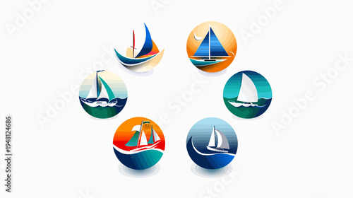 Circular illustrations of stylized sailboats arranged in a circle, on a white background
