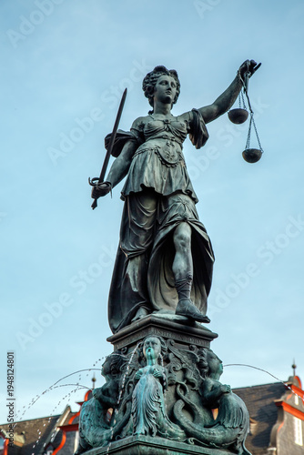 Lady Justice Statue in Roemerberg Square Frankfurt Germany