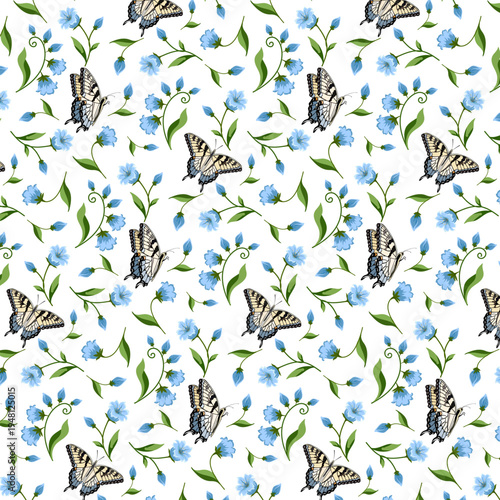 Gorgeous butterflies over blue bell flowers in a pattern.Vector seamless pattern with beautiful butterflies and blue flowers on a white background.