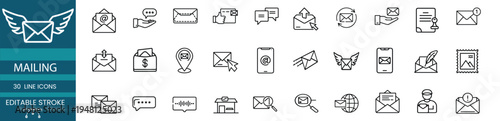 Mailing and email marketing line icon set featuring envelope and message notification for global communication and more vector illustration or editable stroke