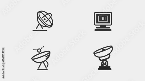 Four black and white line art icons depicting satellite dishes and a computer monitor