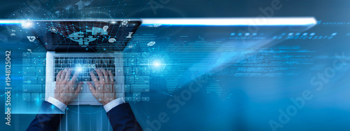 Foto Businessman using laptop with solutions platform on keyboard and analyzing business strategies, problem-solving data, process optimization, workflow efficiency, and digital transformation outcomes