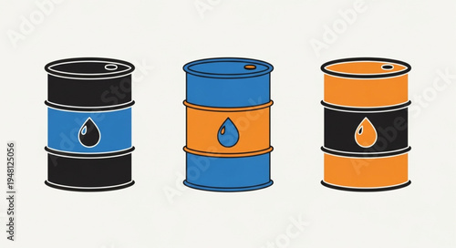 Oil Barrel Collection - Black, Blue, and Orange Crude Oil Containers.