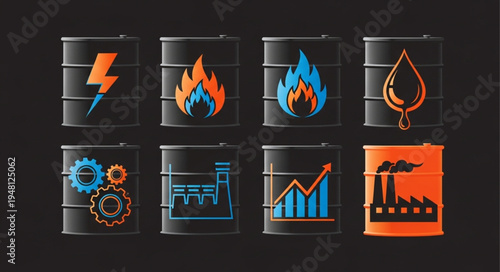 Oil Barrels with Energy and Industry Icons - A Visual Representation of Energy Production and Industrial Processes.