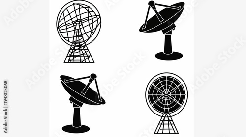 Silhouetted illustrations of four distinct satellite dishes for data and signal transmission