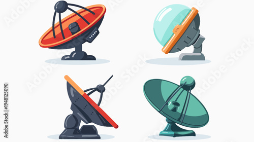 Colorful illustrated vector graphic showing four different satellite dish designs on a white background