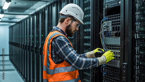 Engineer working on server rack in data center