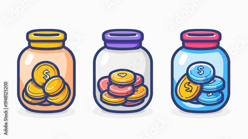 Three colorful jars filled with cartoon coins, representing various levels of savings, on a white background