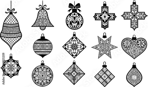 Christmas ornament vector set, decorative baubles bells crosses stars and hearts isolated on white background illustration