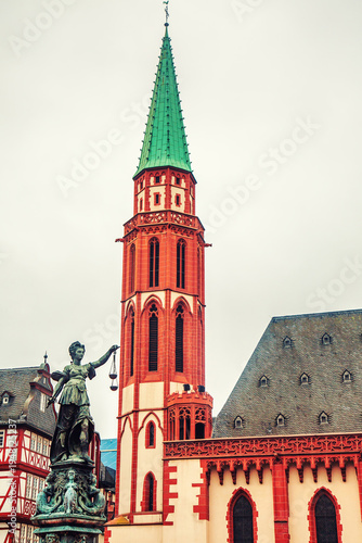 Lady Justice Statue in Roemerberg Square Frankfurt Germany