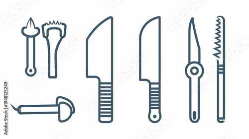 A collection of stylized, minimalist illustrations of kitchen knives and tools. They are isolated