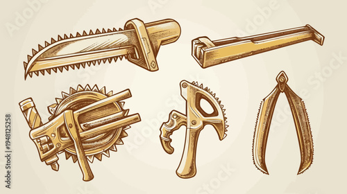 Vintage illustrations of various hand tools, including saws, a wrench, and unique mechanical devices