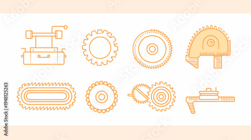 Eight orange outlined mechanical tool icons against a white backdrop with pale peach bar