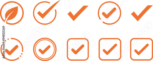 check mark icon set with leaf symbol, eco approved verification ticks, checklist validation symbols collection minimalist vector design
