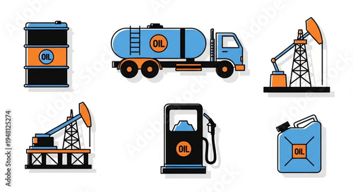 Oil Industry Icons - Barrel, Truck, Pump, Gas Station, and Canister.