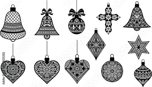 Christmas ornament silhouettes set, decorative baubles bells cross star and heart vector illustrations isolated on white background