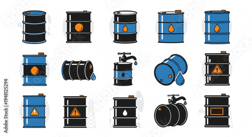 Collection of Oil Drums and Barrels with Hazard Symbols.