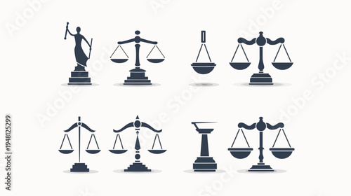 Collection of stylized illustrations depicting justice, including Lady Justice and various scales