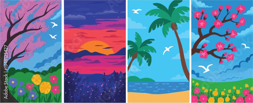 Set of Vector Vertical Flat Landscapes Featuring Mountains, Forest, Desert, Ocean and Countryside Scenes, Minimal Nature Background Collection for Travel Poster, Mobile Wallpaper, Social Media Story a