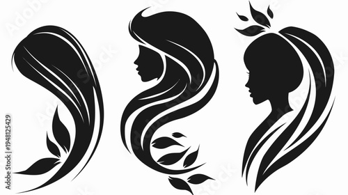 Silhouettes of women's faces and hairstyles with decorative elements, in a monochromatic style
