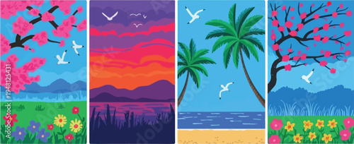 Set of Vector Vertical Flat Landscapes Featuring Mountains, Forest, Desert, Ocean and Countryside Scenes, Minimal Nature Background Collection for Travel Poster, Mobile Wallpaper, Social Media Story a