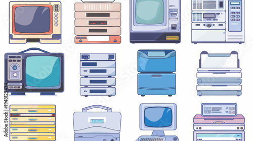 Illustration of vintage electronic devices televisions, computers, and other tech items