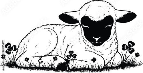 Cute lamb resting on grass with small flowers, black and white line art illustration, farm animal nature spring pastoral design