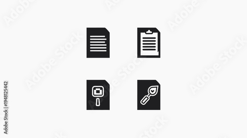 Collection of four minimalistic black icons representing documents and associated concepts