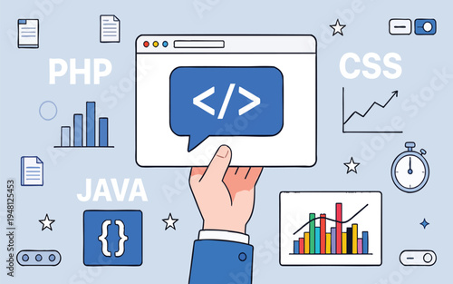 Flat Web Development Concept Illustration with PHP, CSS, Java and Data Graphics