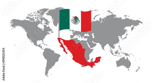 A detailed map of the world highlighting the country of mexico with its national flag flying above