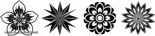 Black floral mandala ornaments set, decorative geometric flower and star vector illustrations isolated on white background design