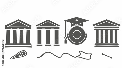 Stylized grey icons buildings, graduation cap and scroll elements. Depicts academic and institutional themes