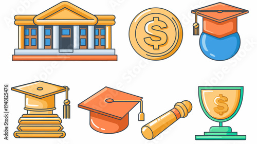 Colorful vector icons representing finance, banking, education, and achievement concepts