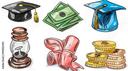 Watercolor style illustration with graduation caps, money, coins, a lamp, and a scroll, representing success