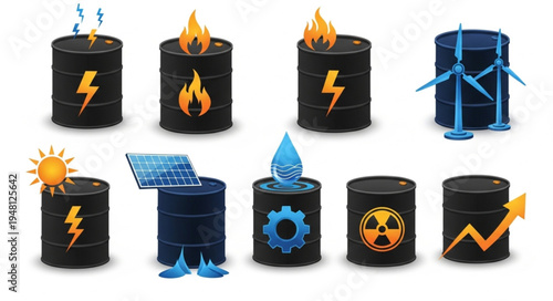 Diverse Energy Sources Represented by Icons on Oil Barrels.