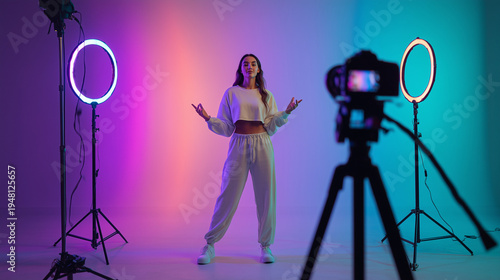 ultra realistic influencer filming content in modern home studio, professional lifestyle vlog recording with camera and ring light setup, young content creator working on digital media production