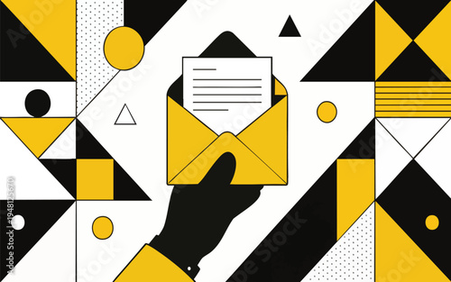 Geometric Vector Illustration of a Hand Holding an Open Envelope and Letter